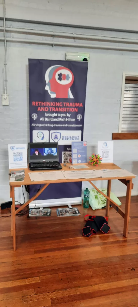 We called the podcast Rethinking Trauma and Transition and we were running our own companies at the time (Ali still is). Banner on display at an Army Welfare Service event.